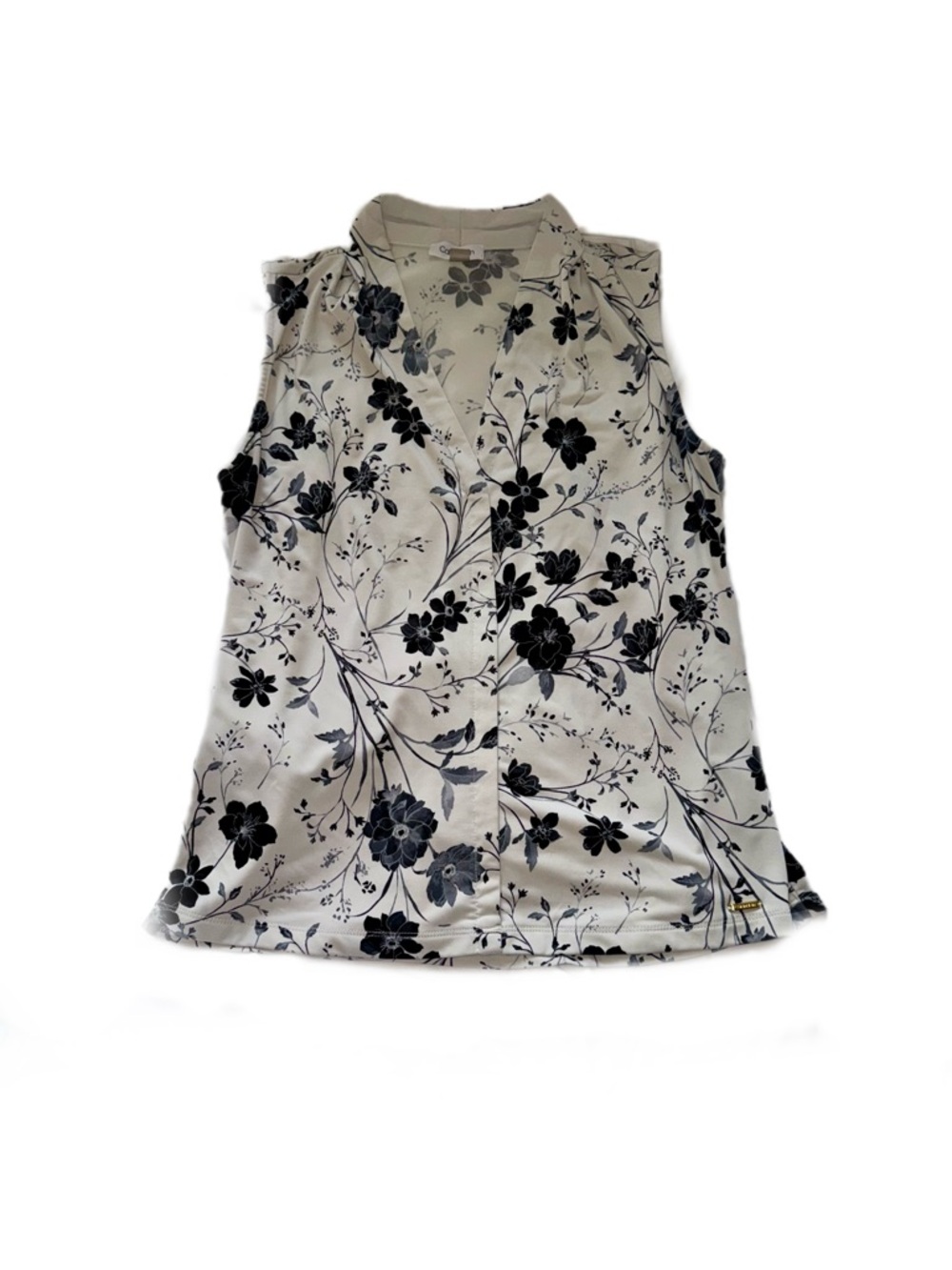 Calvin Klein Sleeveless Floral V-Neck Top in Cream and Black